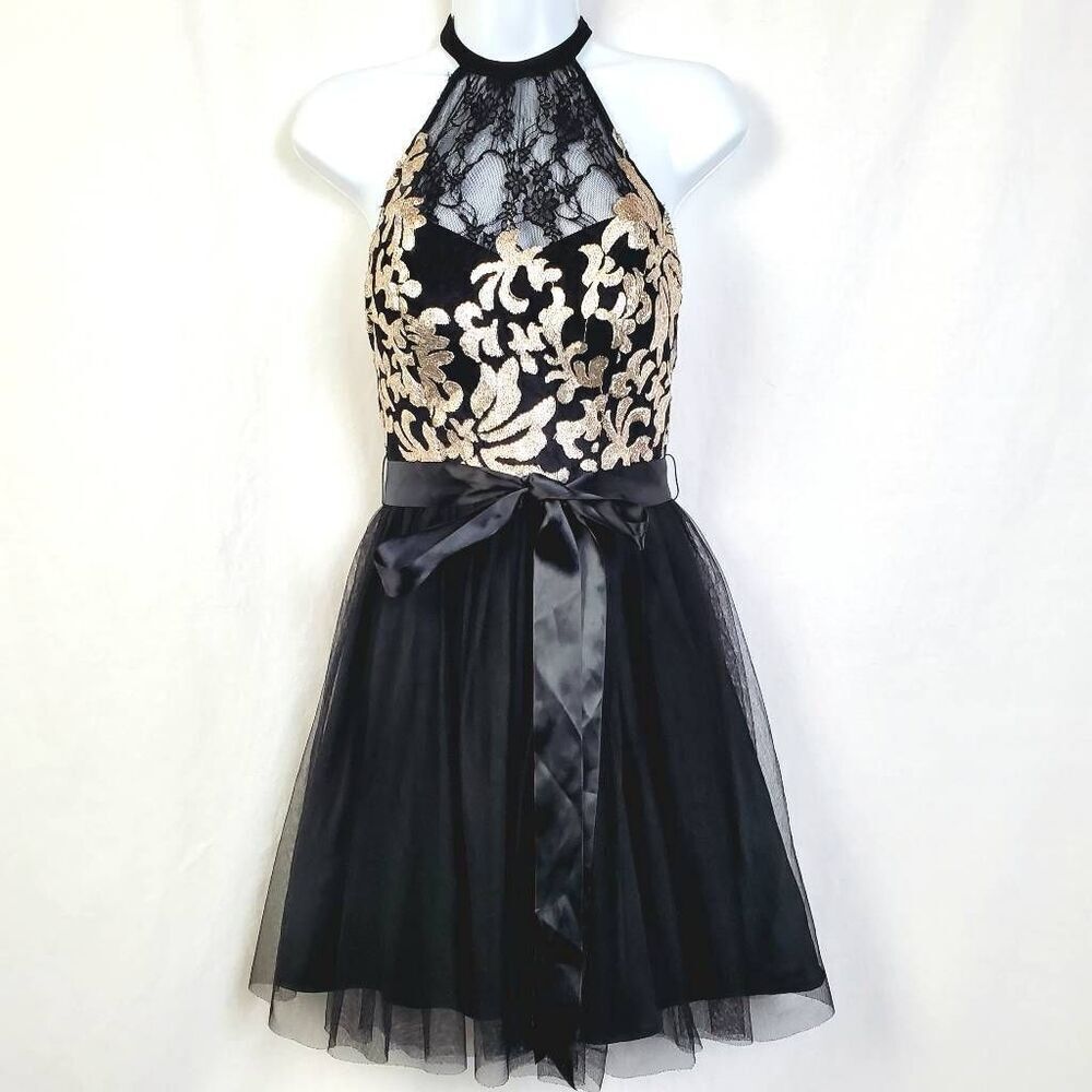 Blondie Nites by Stacy Sklar Size 3 Black & Gold Halter Party Dress Tulle Skirt